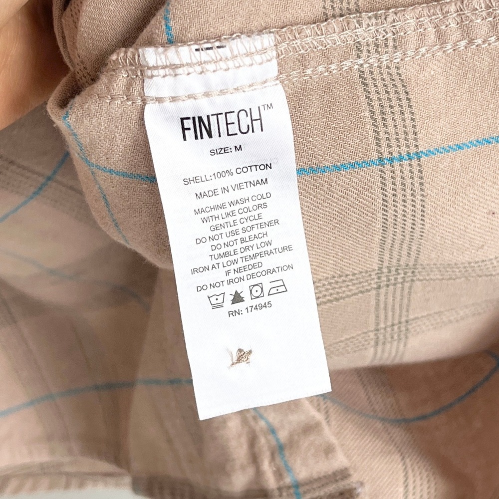 Fintech Mens Long Sleeve Plaid Flannel Button Down Shirt Tan Blue Size M - Picture 3 of 9